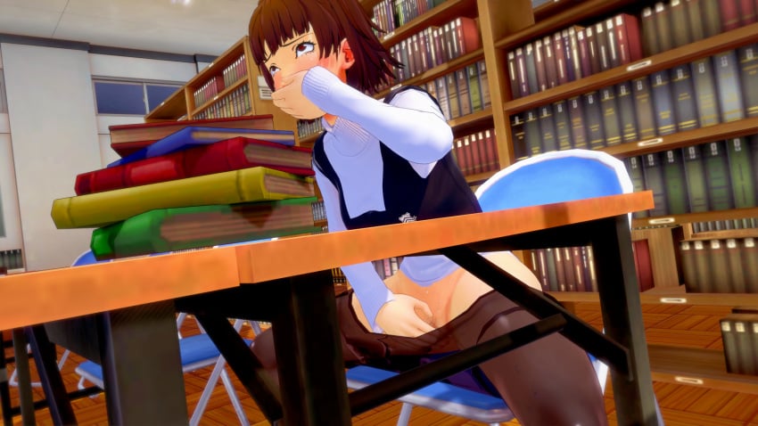 3d accurate_art_style ahe_gao atlus blushing brown_hair covering_mouth effineffer female female_only fully_clothed koikatsu library makoto_niijima no_panties pantyhose persona persona_5 public public_masturbation reaching_into_pants school school_uniform schoolgirl short_hair solo stealth_masturbation teenage_girl teenager under_desk