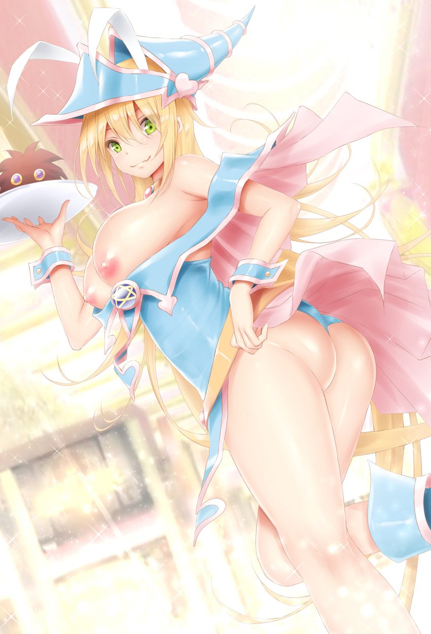 ass blonde_hair breasts_out calcio clothing dark_magician_girl duel_monster female green_eyes hat hi_res looking_at_viewer nipples solo thick_ass yu-gi-oh!