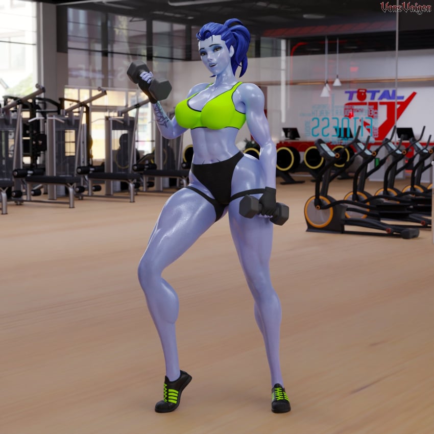 1girls 3d abs amelie_lacroix ass big_ass big_breasts black_fingernails black_nails black_thong blizzard_entertainment blue_hair braided_ponytail elbow_sleeve female female_only fit fit_female gym looking_at_viewer mirror muscular muscular_female muscular_thighs no_pants oiled oiled_skin oily overwatch overwatch_2 ponytail purple-skinned_female purple_skin solo solo_female sports_bikini sports_bra sports_panties tattoo tattoo_on_stomach thick_thighs thong thunder_thighs vonsvaigen wide_hips widowmaker yellow_eyes