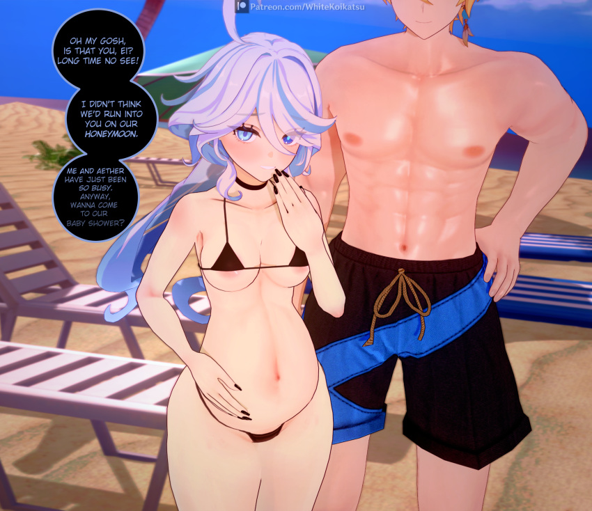 1boy 1girls aether_(genshin_impact) beach blonde_hair blue_hair dialogue furina_(genshin_impact) genshin_impact koikatsu laughing long_hair mihoyo muscular muscular_male pregnant pregnant_belly straight taller_girl text white_(artist) whitekoi