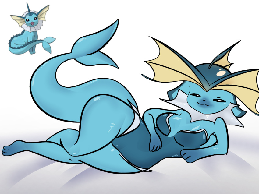 2d 2d_(artwork) 3_toes 4_fingers :3 animal_nose anthro bed black_nose blue_body blue_fur blue_hair blue_skin breasts eeveelution female female_focus female_only fish_tail full_body furniture furry generation_1_pokemon hobin_ humanoid laying_on_bed looking_at_viewer pokémon_(species) pokemon short_hair simple_background smile smug_face solo solo_focus swimsuit thick thick_thighs vaporeon yiff