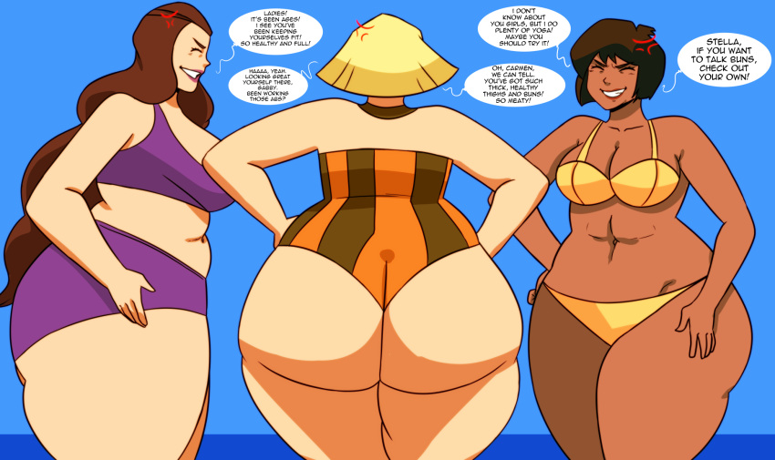 3girls ass back_view bbw beach big_ass big_breasts bikini blonde_hair bottom_heavy breasts brown_hair bubble_butt carmen_(totally_spies) chocolate_and_vanilla cleavage cookies-cat dark-skinned_female dark_skin dialogue fat_ass female gabriella_(totally_spies) huge_ass latina light-skinned_female light_skin mature mature_female milf mother one-piece_swimsuit overweight stella_(totally_spies) text thick_thighs thunder_thighs totally_spies