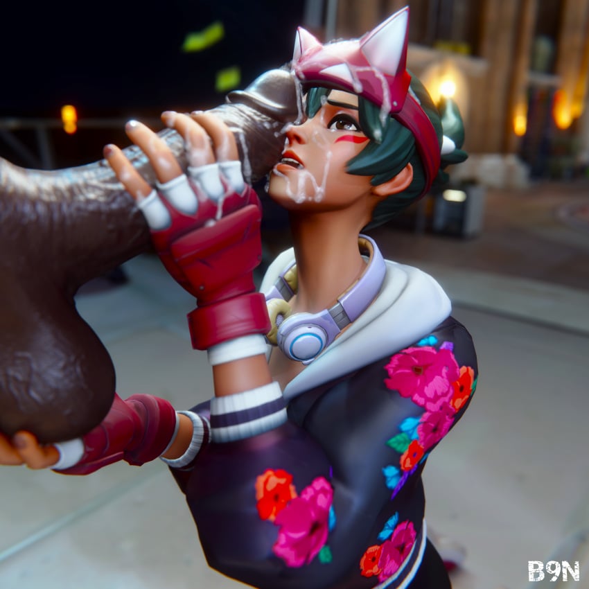 3d athleisure_kiriko b9n black_penis cock_shock cum cum_on_face cumshot dark-skinned_male dark_skin facial female huge_cock interracial kiriko_(overwatch) kiriko_kamori overwatch overwatch_2