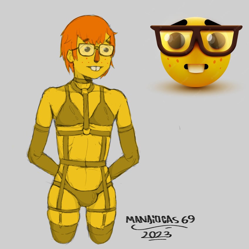 buckteeth crossdressing emoji emoji_(race) femboy freckles ginger ginger_hair glasses humanoid lenceria lingerie nerd nerd_emoji orange_hair sissy trap