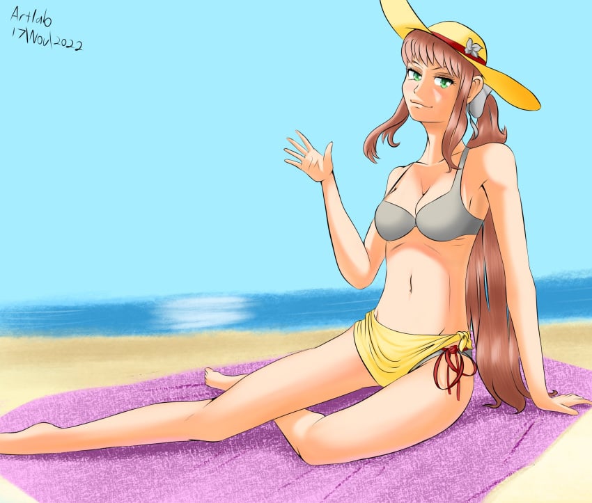 1female 1girls 2022 5_fingers artist_name artlab bare_shoulders beach breasts cleavage dated doki_doki_literature_club female female_only girl gray_bikini gray_bikini_bottom gray_bikini_top green_eyes grey_bikini grey_bikini_bottom grey_bikini_top hat headwear long_hair looking_at_viewer monika_(doki_doki_literature_club) navel sand thedarkartlab_(artist) water