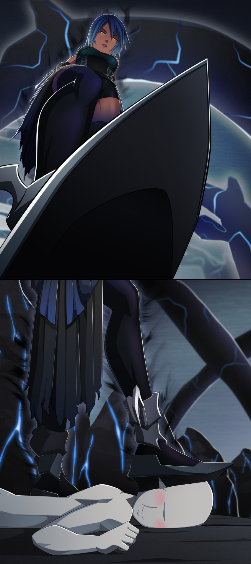 2019 anti-aqua aqua_(kingdom_hearts) blue_hair faceless_character kingdom_hearts ravenravenraven stepped_on yellow_eyes