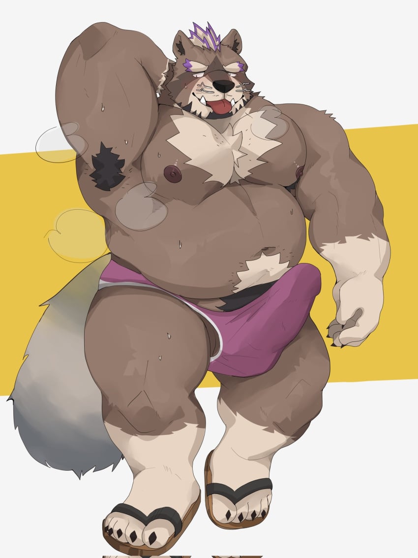 1boy 3:4 anthro armpit_hair bigbearsilver body_hair brown_body brown_fur clothed clothing erection erection_under_clothing eyebrows footwear fur hi_res lifewonders live_a_hero male male_only mammal musclegut musk_clouds navel nipples pecs procyonid raccoon raised_arm sandals solo speedo swimwear thick_eyebrows viscunam