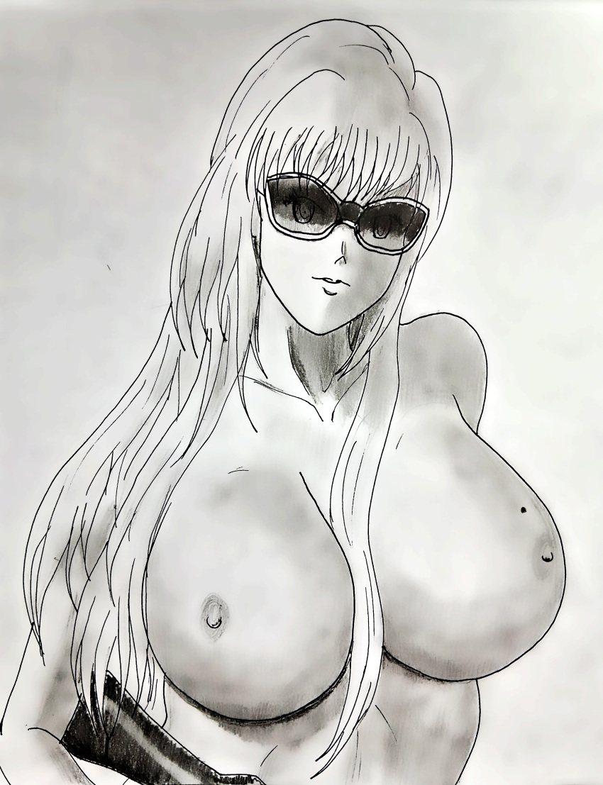 black_and_white blonde_female blonde_hair breasts female female_only gun holding_weapon huge_breasts long long_hair milkyway8969 monochrome nipples nude nude_female original_character rifle smiling sunglasses tinted_eyewear traditional_art white_background