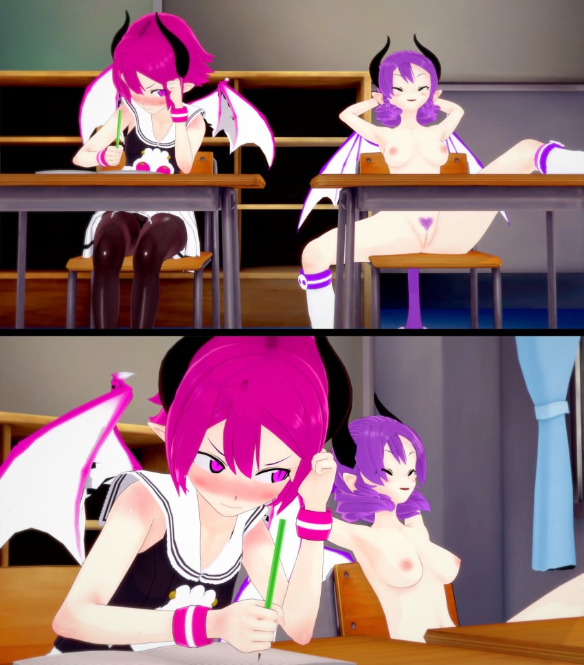 2girls 3d annoyed breasts casual_nudity closed_eyes clothed clothed_female clothed_female_nude_female completely_nude completely_nude_female demon demon_girls desk disgaea disgaea_3 disgaea_rpg horns indoor_nudity indoors koikatsu light-skinned light-skinned_female magenta_eyes magenta_hair multiple_girls nipples nippon_ichi_software nude nude_female only_one_naked public public_nudity purple_hair raspberyl raspberyl_xeno relaxed sitting sitting_at_desk ultimateenf wings