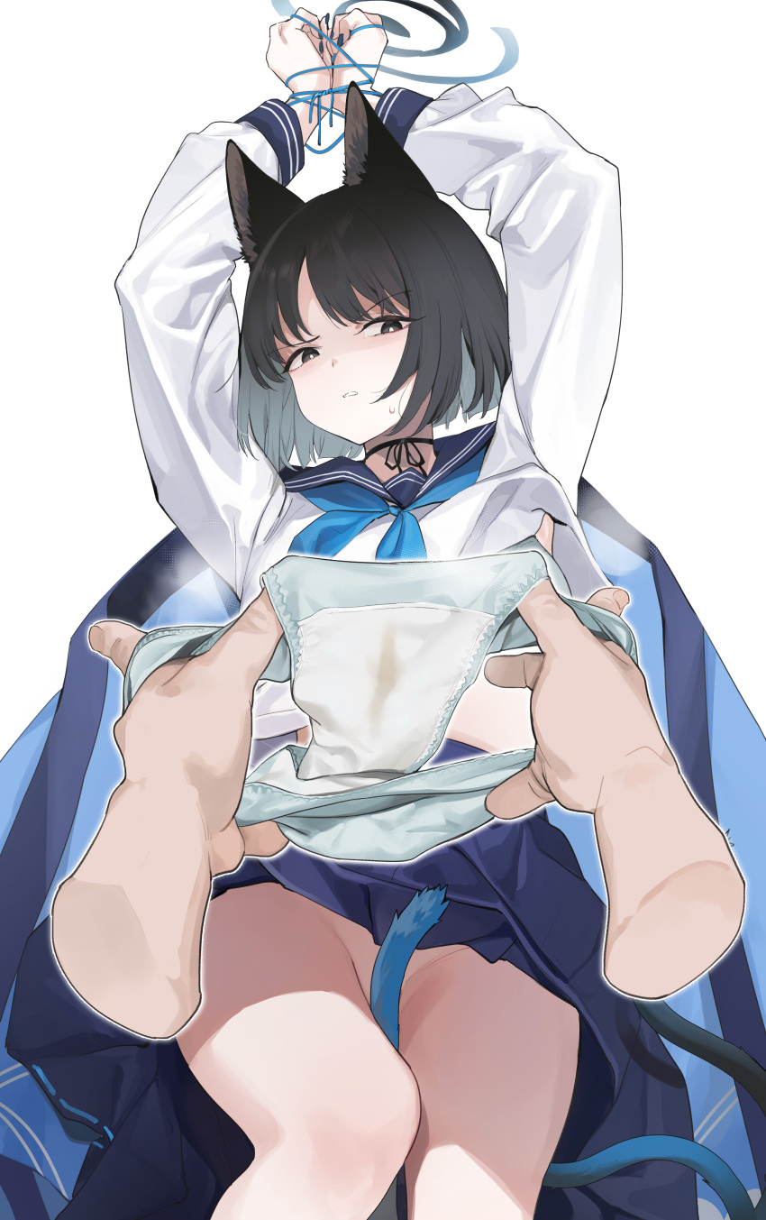 1boy 1girls absurdres allied_hyakkiyako_academy_student angry animal_ears arms_up black_eyes black_hair blue_archive blue_tail bondage bound cat_ears clothes_lift djheycha female halo highres holding holding_clothes holding_panties holding_underwear hyakkaryouran_conflict_resolution_council_(blue_archive) kikyou_(blue_archive) male no_panties panties panties_removed pleated_skirt pussy_juice_stain ribbon sailor_collar school_uniform sensei_(blue_archive) short_hair skirt skirt_lift smell stained_panties tail_between_legs underwear wet_panties