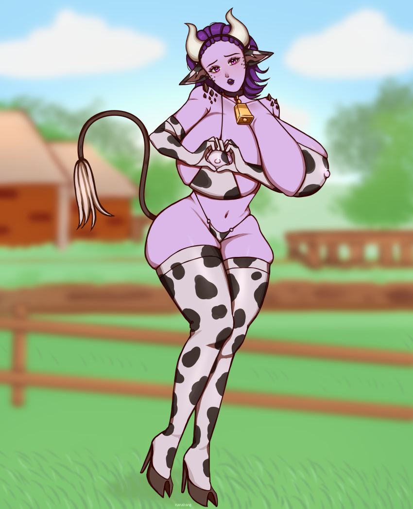 big_breasts breasts cow_bell cow_bikini cow_ears cow_hooves cow_horns cow_print cow_print_armwear cow_print_thighhighs cow_tail farm heart-shaped_boob_challenge huge_breasts looking_at_viewer nanitabang_(artist) nyx_(paladins) paladins paladins_champions_of_the_realm thick_thighs thighs