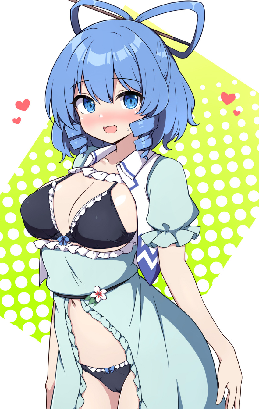 adapted_costume aqua_dress black_bra black_panties blue_eyes blue_hair blush bra breasts cleavage cowboy_shot dress drill_hair female frilled_sleeves frills hair_rings heart highres kaku_seiga large_breasts looking_at_viewer open_mouth panties revealing_clothes rizento seiga_kaku short_hair short_sleeves smile solo tagme touhou underwear