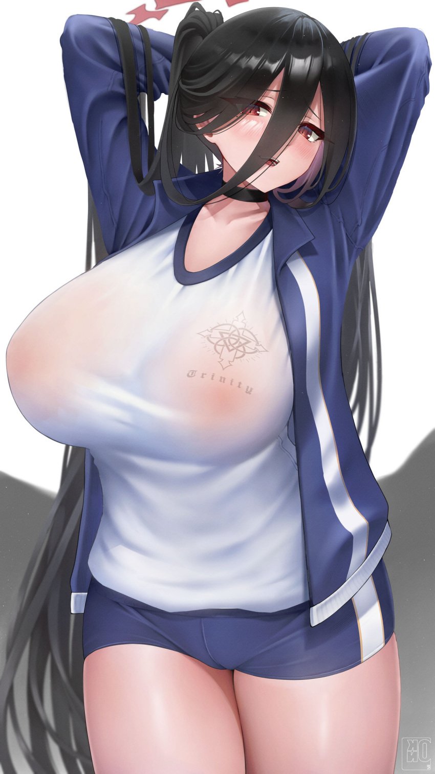 1girls arms_behind_head black_choker black_hair black_wings blue_archive blue_jacket blue_shorts breasts choker collared_jacket commentary_request covered_nipples cowboy_shot eyes_visible_through_hair feathered_wings female gym_shirt gym_shorts gym_uniform hair_between_eyes halo hasumi_(blue_archive) hasumi_(gym_uniform)_(blue_archive) hasumi_(track)_(blue_archive) highres huge_breasts jacket justice_task_force_(blue_archive) kono_(xerondan321) large_wings legs_together long_hair looking_at_viewer low_wings mole mole_under_eye no_bra open_clothes open_jacket open_mouth ponytail red_eyes red_halo see-through shirt shorts solo trinity_general_school_logo_(blue_archive) trinity_general_school_student very_long_hair white_shirt wings