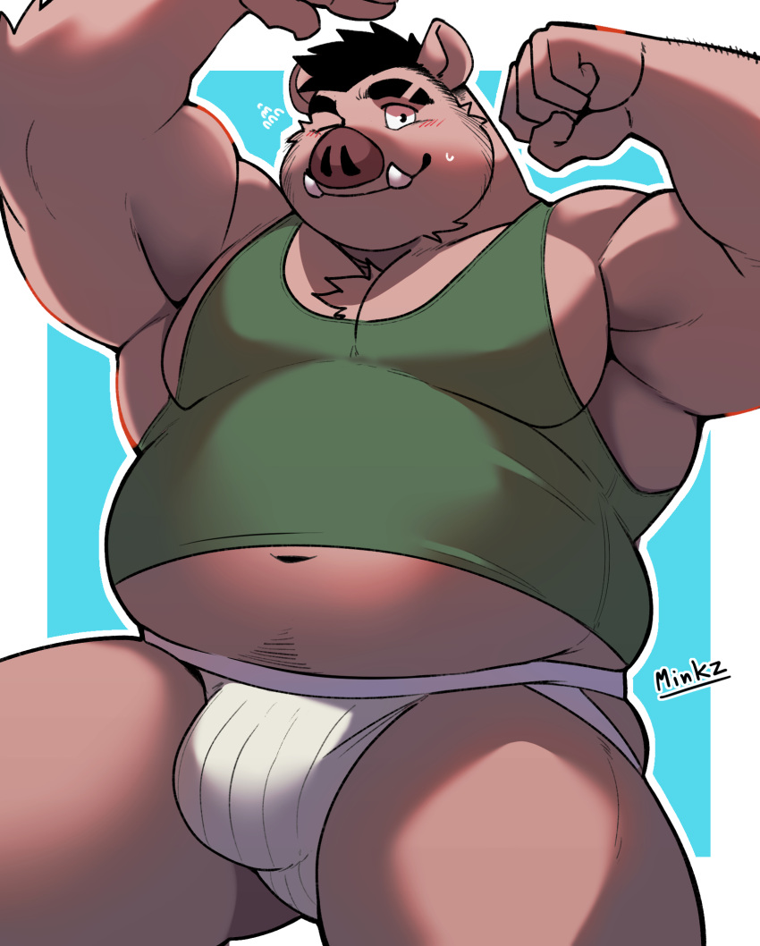 2023 anthro bulge clothing hi_res humanoid_hands jockstrap kemono male mammal musclegut one_eye_closed overweight overweight_male shirt simple_background solo suid suina sus_(pig) topwear underwear whitebeast20 wild_boar wink