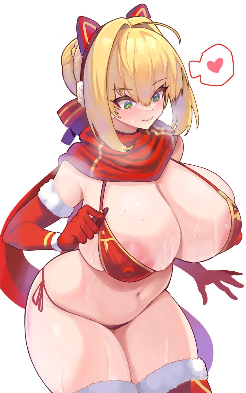 1girls ahoge bikini blonde_hair breasts fate/grand_order fate_(series) female funaya_(a2brasd) green_eyes hips huge_breasts light-skinned_female light_skin naughty_face nero_claudius_(fate) smiled thick_thighs thighs wide_hips