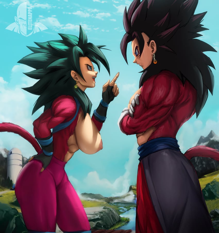 1boy 1girls big_breasts black_hair breasts dragon_ball dragon_ball_heroes dragon_ball_super ear_ring earrings elitenappa exposed_breasts female hand_on_hip kefla male muscular muscular_male nipples piercing potara_earrings red_fur super_dragon_ball_heroes super_saiyan_4 thick_thighs topless vegito wide_hips xeno_vegito