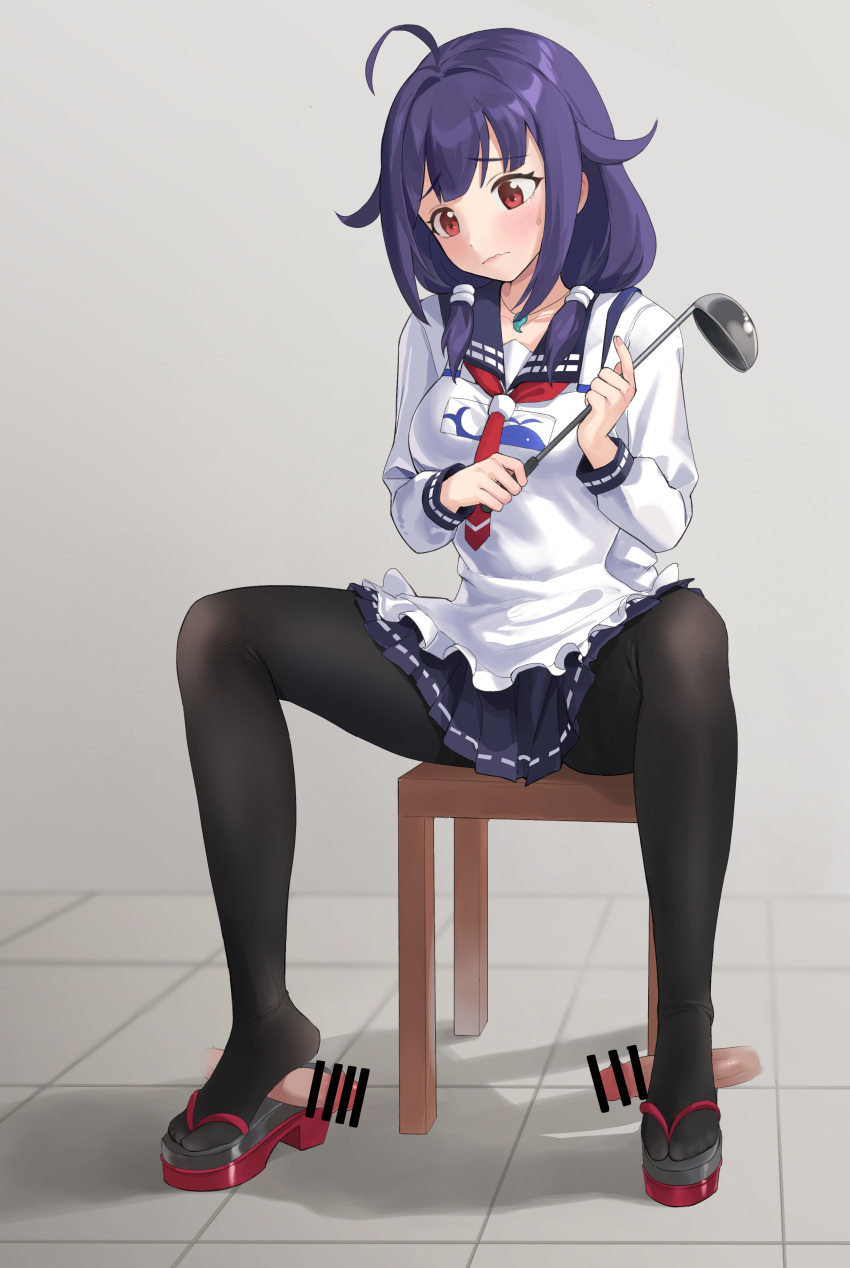 absurdres ahoge apron black_pantyhose blush censored chuck_(harfmoondark) closed_mouth disembodied_penis feet female footjob hair_flaps highres kantai_collection ladle magatama male/female mature_female milf pantyhose penis pleated_skirt purple_hair red_eyes sandaljob sandals sitting skirt solo_focus taigei_(kantai_collection) zouri