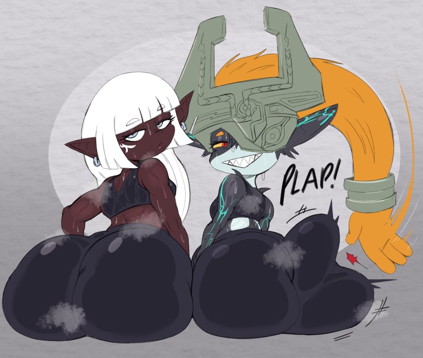 2girls ass ass_slap ass_to_ass big_ass bottom_heavy bubble_butt clothing crop_top dat_ass fat_ass female female_only final_fantasy final_fantasy_xiv flat_chest huge_ass imp_midna large_ass looking_at_viewer looking_back mary_muffin_(cobatsart) midna nintendo orange_hair pants purple_yoshi_draws shortstack sitting slapping_ass slapping_own_ass square_enix sweat the_legend_of_zelda thick_ass twilight_princess white_hair yoga_pants