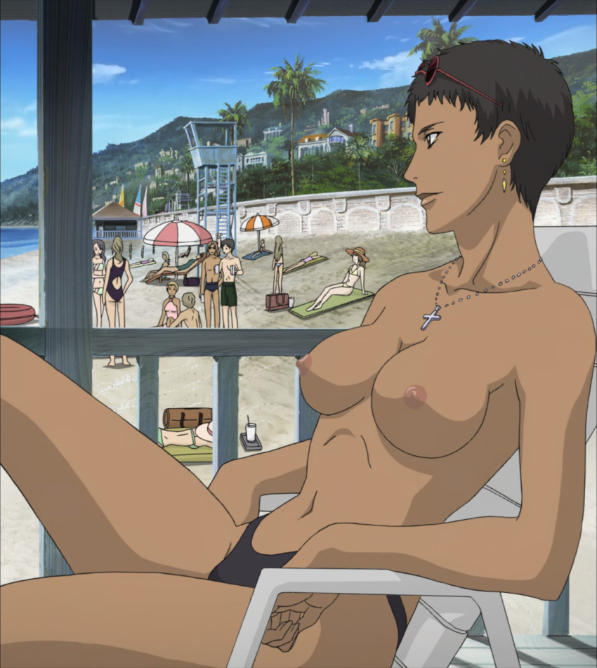 beach breasts dark-skinned_female earrings lizzie_garland necklace nipples phantom_of_inferno requiem_for_the_phantom screencap short_hair sitting_on_chair stitched sunglasses sunglasses_on_head third-party_edit topless