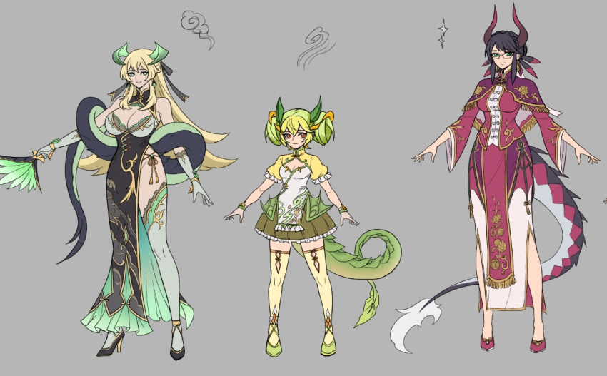 3girls artist_name artist_request breasts chamber_dragonmaid chinese_clothes chinese_new_year dragon dragon_girl dragon_tail duel_monster female female_only height_difference horn house_dragonmaid large_breasts legwear parlor_dragonmaid short_hair shorter_female tail taller_girl thick_thighs thighhighs thighs year_of_the_dragon yu-gi-oh!