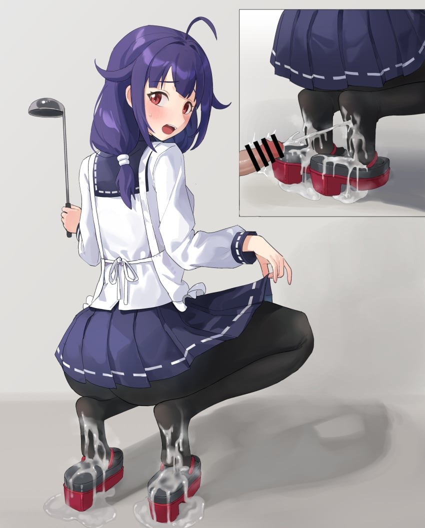 absurdres ahoge apron black_pantyhose blush censored chuck_(harfmoondark) cum cum_in_footwear cum_in_shoe cum_on_body cum_on_feet disembodied_penis feet female hair_flaps highres kantai_collection ladle male/female mature_female milf open_mouth open_toe_shoes pantyhose penis purple_hair red_eyes sandals soles solo_focus surprised taigei_(kantai_collection) zouri