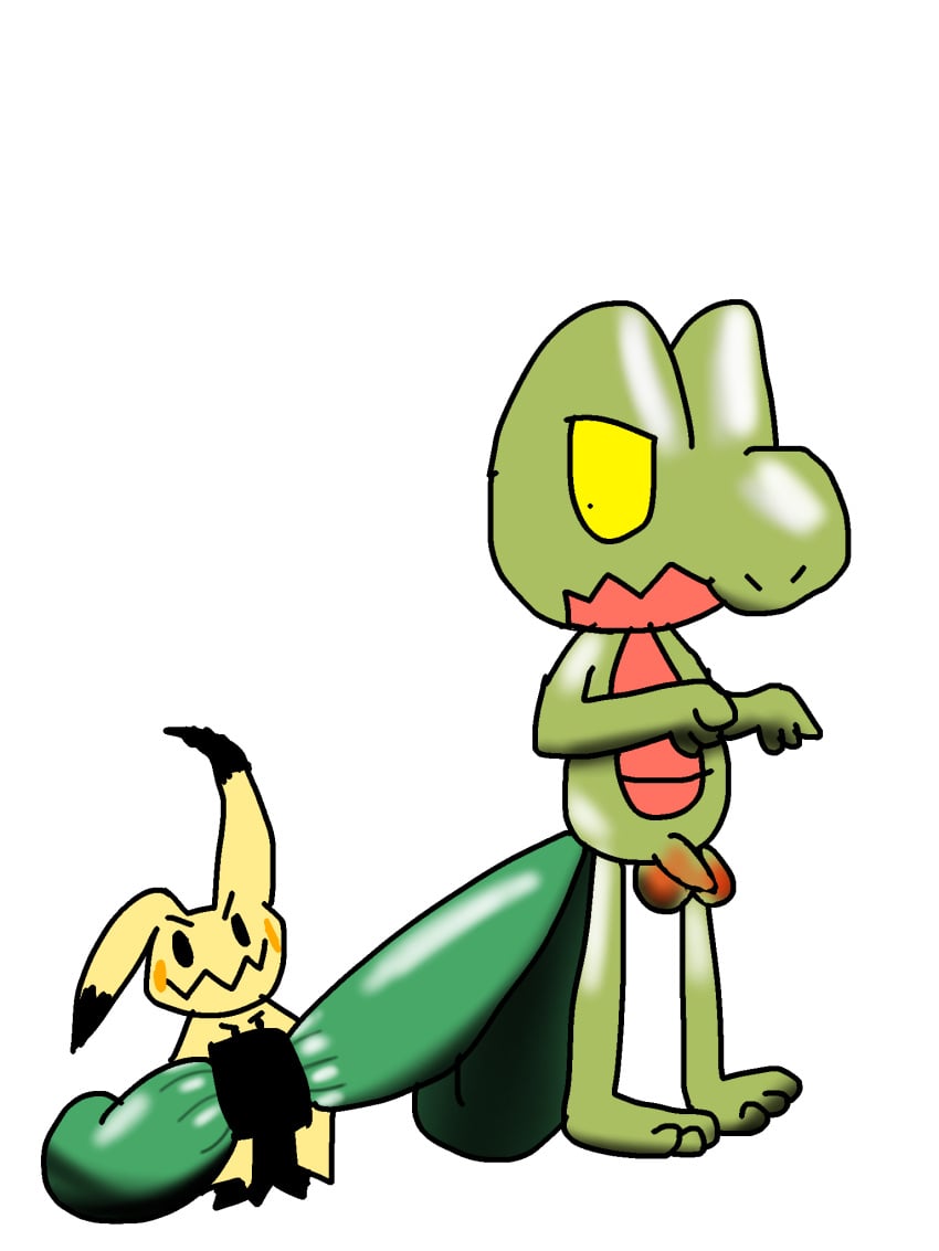 angry_face low_detail male_only mimikyu non-human non-human_only pokemon pulling_tail tail tail_grab tail_pull toony treecko