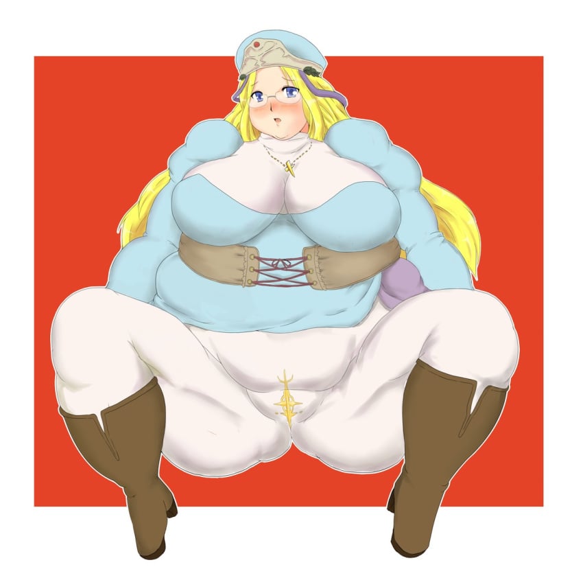 blonde_hair blue_eyes blush boots breasts cross fat fat_mons female glasses huge_breasts jewelry long_hair melpha necklace nun obese open_mouth pantyhose plump queen's_blade sitting solo spread_legs thick_thighs thighs