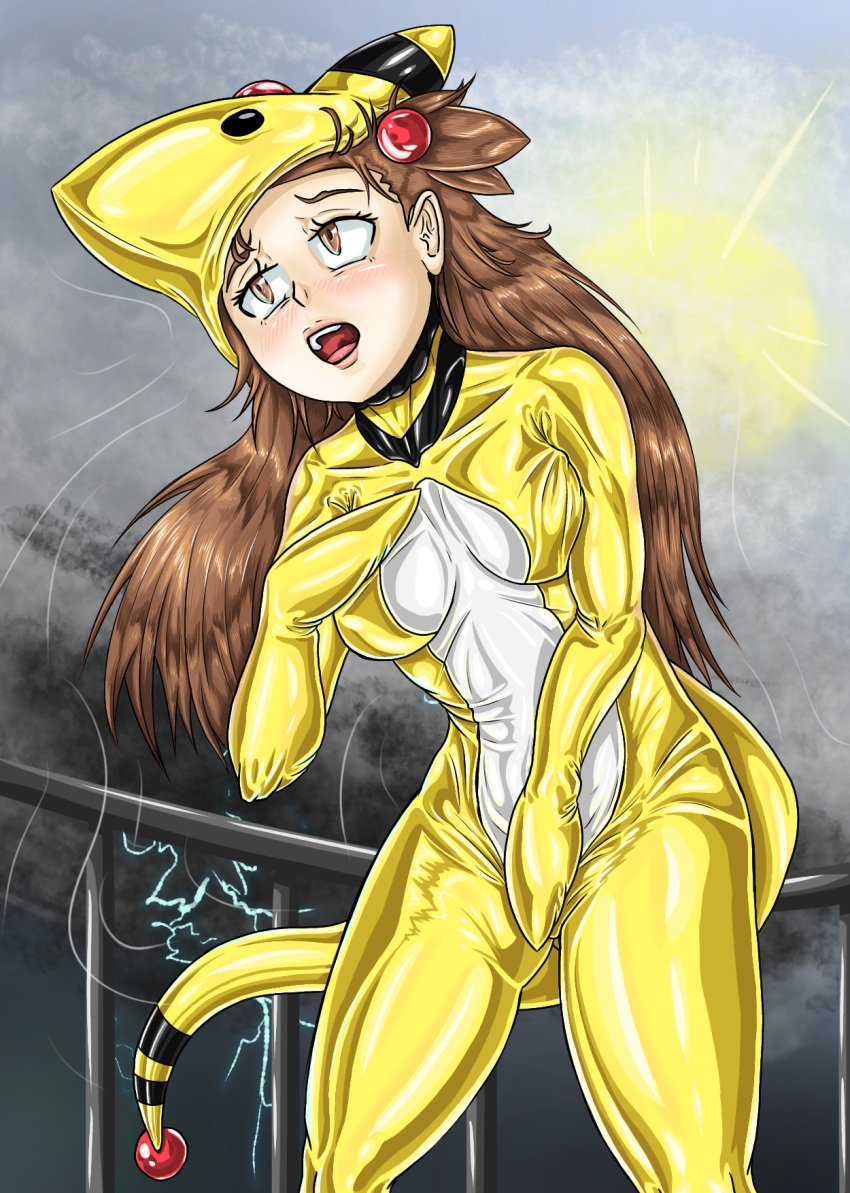 1girls 2020s 2023 ampharos ampharos_(cosplay) bodysuit bondage_mittens brown_eyes brown_hair clothing cosplay desperation digital_media_(artwork) eyes female female_focus female_only game_freak hair_ornament human human_only jasmine_(pokemon) latex latex_clothing latex_suit lightning living_clothes long_hair looking_pleasured mask masturbation masturbation_through_clothing mouth mr.bones22 open_eyes open_mouth outdoors pearls png pokemon pokemon_(cosplay) pokemon_(species) pokesuit rubber rubber_clothing rubber_suit shiny shiny_skin solo standing storm tail teeth wrinkles