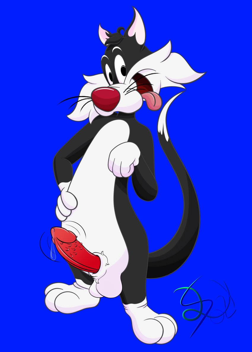 anthro barbed_penis blue_background feline furry lobofeo looney_tunes male male_only open_mouth red_nose smooth_fur solo sylvester tail tongue_out whiskers