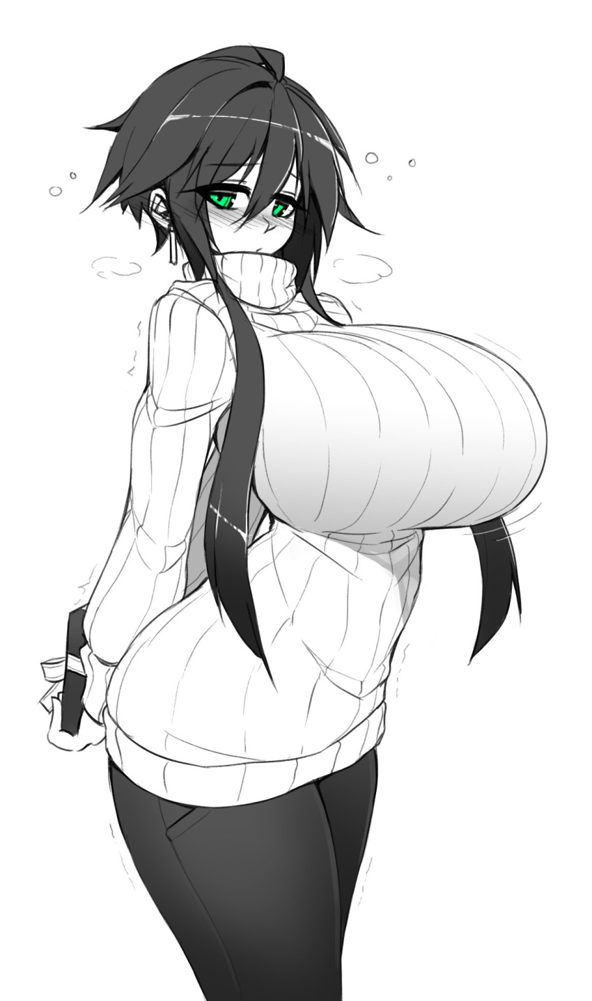 1girls 2023 blush blushing_at_viewer cute embarrassed female gift green_eyes greyscale hiding_gift hiding_object huge_breasts large_breasts leggings looking_at_viewer love nervous original_character shy sketch steam steamy steamy_breath sub-res sweater sweater_dress thick_thighs tights valentine's_day white_background wholesome