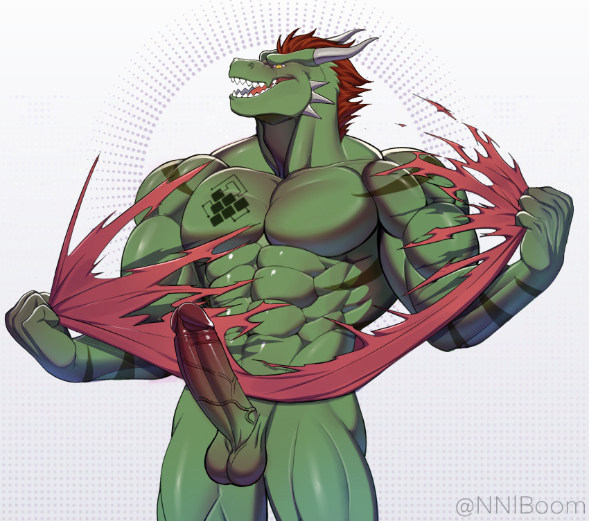 abs alexaboom anthro balls biceps biped chest_tattoo clothing dragon fingers genitals glans green_body hair hi_res horn male male/male muscular muscular_anthro muscular_male muscular_thighs open_mouth pecs penis red_glans red_hair simple_background solo solo_focus standing tattoo teeth torn_clothing vein veiny_penis white_background yellow_eyes