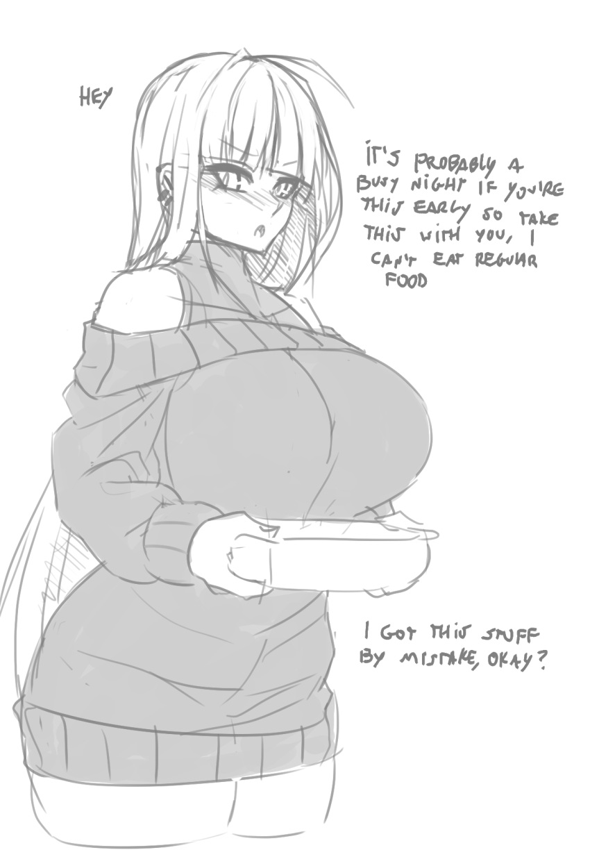 2021 blush blushing_at_viewer character_request curvy curvy_figure cute embarrassed greyscale huge_breasts jumper large_breasts long_hair looking_at_viewer sketch sub-res sweater sweater_dress thick_thighs tsundere valentine's_day valentines_day vampire vampire_girl wholesome