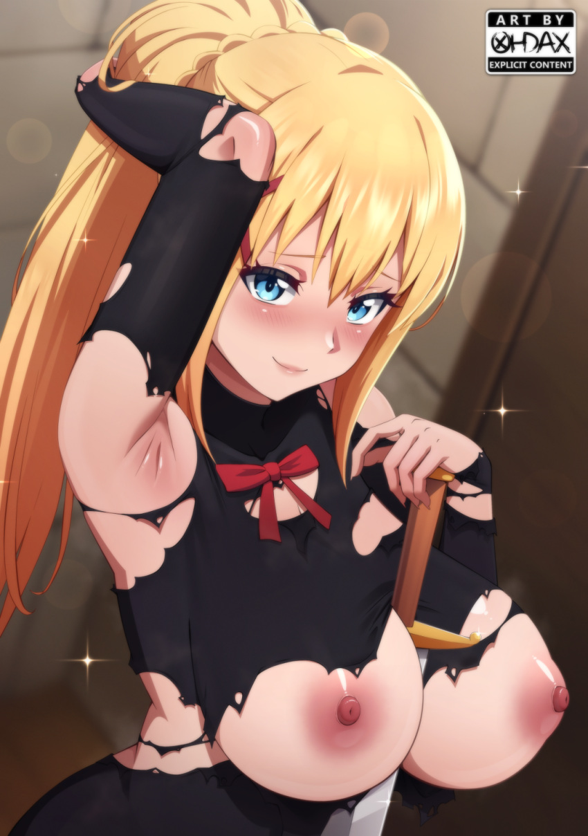 1girls alternate_version_available areolae armpits big_breasts black_bodysuit blonde_hair blue_eyes blush bodysuit breasts breasts_out darkness_(konosuba) exposed_breasts female female_only hair hand_behind_head huge_breasts kono_subarashii_sekai_ni_shukufuku_wo! lips nipples ohdax ponytail ribbon ripped_bodysuit smile solo sword sword_between_breasts