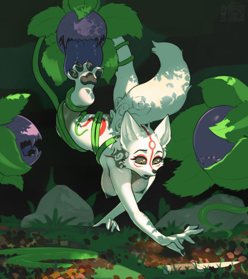 amaterasu amaterasu_(okami) ambiguous_gender anthro anthrofied askart big_breasts black_sclera breasts canid canine canis capcom caught claws dagger duo elemental_creature feet female flora_fauna fur fur_markings hanging_breasts hi_res licking mammal markings melee_weapon nude okami okami_(capcom) pawpads plant toe_claws tongue tongue_out vine_bondage weapon white_body white_fur wolf