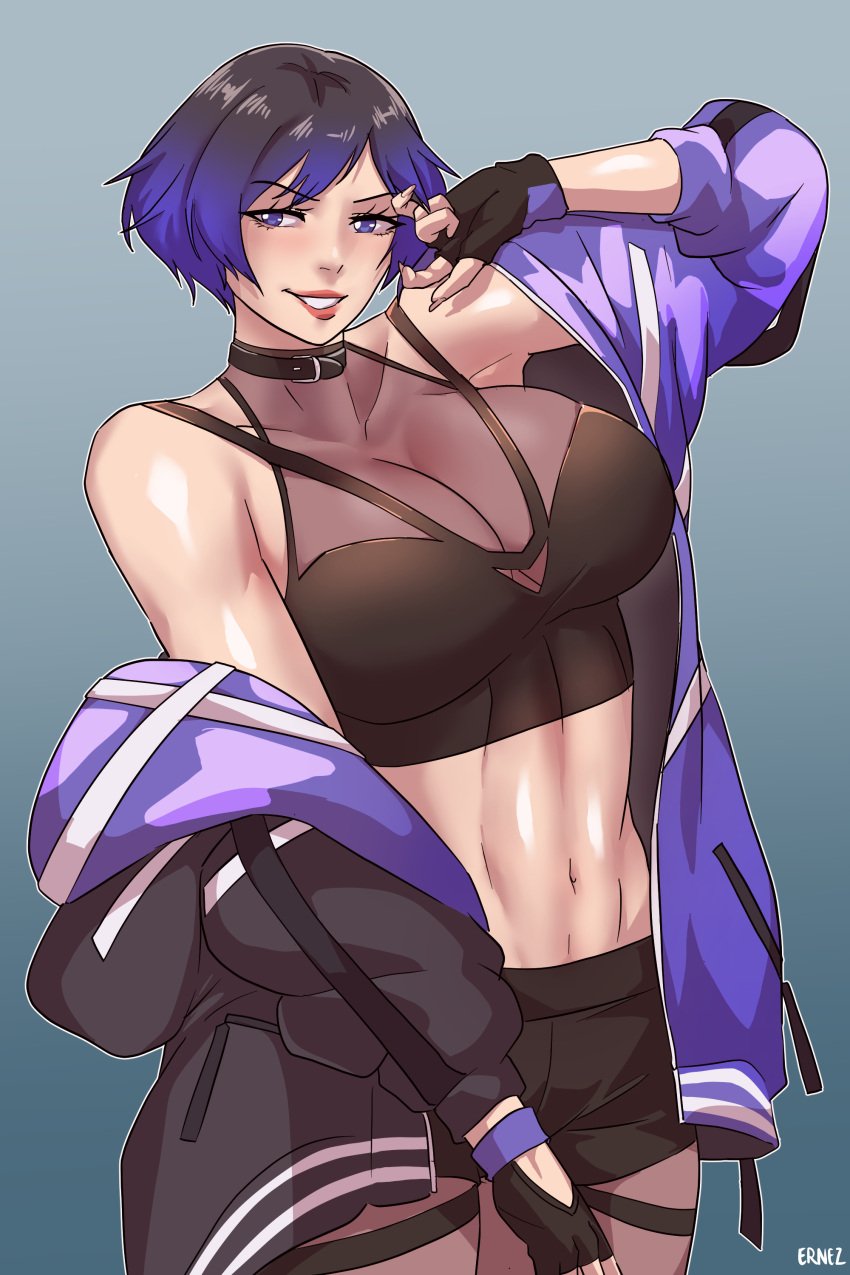 1girls athletic_female big_breasts black_and_purple_hair cleavage crop_top female_abs fit_female jerukperas namco open_jacket purple_eyes reina_mishima shorts tekken tekken_8