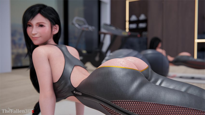 3d ass_focus big_ass big_butt black_hair exposed_ass final_fantasy final_fantasy_vii final_fantasy_vii_remake gym_clothes gym_clothing red_eyes smiling thefallen3dx thick_ass tifa_lockhart training wet_skin