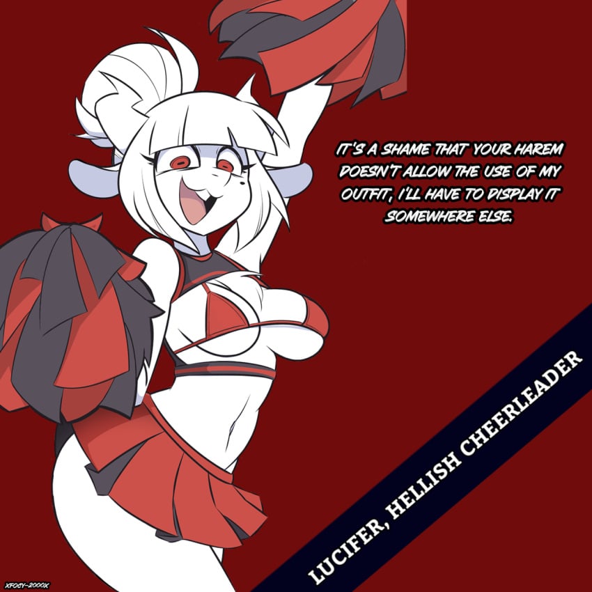 1girls 2d 2d_(artwork) anthro bovid bra breasts cheerleader edit edited female female_only fur furry furry_only goat goat_lucifer_(helltaker) helltaker hi_res horns looking_at_viewer lucifer_(helltaker) posing posing_for_the_viewer red_eyes skirt smiling solo solo_female tail text twitter twitter_username white_fur white_hair white_skin wide_hips xfocy-2000x yiff