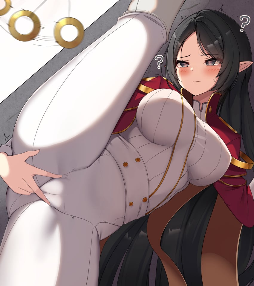 1girls 2022 ? adele_(maplestory) ass black_hair blush breasts cameltoe grey_eyes heart heart-shaped_pupils hypnosis long_hair maplestory masturbation masturbation_through_clothing one_leg_up pointy_ears sseong standing standing_on_one_leg sweat thighs tight_clothing tight_pants uniform very_long_hair