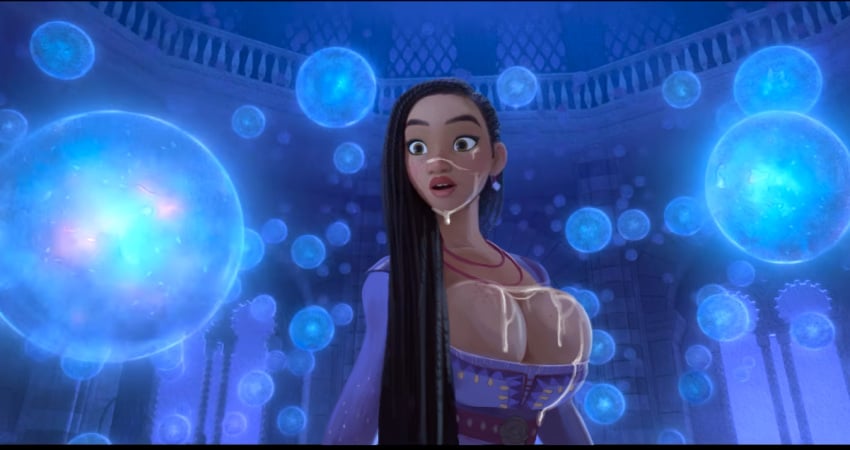 1girls asha_(disney) belt braided_hair breasts brown_eyes bubbles cartoony cleavage cleavage_overflow clothed clothed_female cum cum_on_breasts cum_on_face dark-skinned_female dark_skin disney disney_princess earrings edit emmanuelle_(pixiv) eyebrows_raised female female_only gigantic_breasts huge_breasts large_breasts light_brown_eyes long_hair long_sleeves massive_breasts necklace open_mouth palace pierced_ears purple_dress sanpaku screencap screenshot_edit self_upload wide-eyed wide_eyed wish_(film)