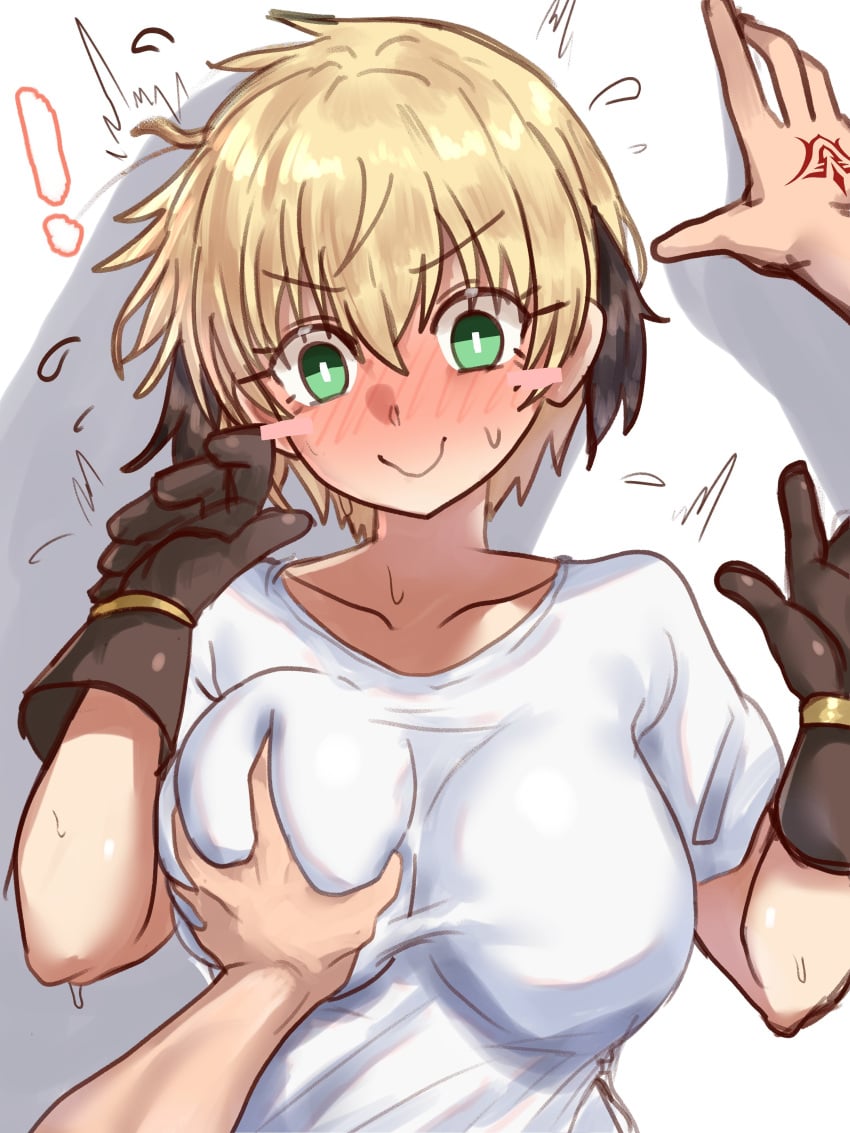 1boy 1girls blonde_hair breasts ebora fate/grand_order fate_(series) female fujimaru_ritsuka_(male) gareth_(fate) green_eyes hi_res large_breasts light-skinned_female light_skin lying_on_back male male_pov pov short_hair youngmanisdown