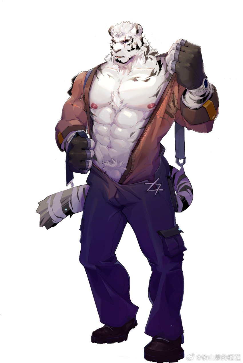 1boy abs animal_ears anthro arknights artist_request bara bare_pectorals belt_removed big_arms big_hands big_pecs black_stripes brown_boots brown_clothing brown_jumpsuit chest_tuft clavicle clothed_male clothing eight_pack eye_scar face_scar facial_hair fingerless_gloves footwear full_body furry furry_male gloves goatee highres jumpsuit large_hands large_pectorals long_tail looking_ahead male male_focus male_only male_pubic_hair mane mountain_(arknights) muscles muscular muscular_male nipples no_male_underwear one_eye_closed pecs pectorals penis penis_peek plain_background pubic_hair pubic_tuft scar scar_across_eye scar_on_arm short_hair shoulder_bag siberian_tiger silver_fur simple_background six_pack solo standing stomach striped_tail tail thick_eyebrows tiger tiger_boy tiger_ears tiger_tail tongue tongue_out trapezius undressing white_background white_fur white_hair wide_shoulders wristwatch yiff