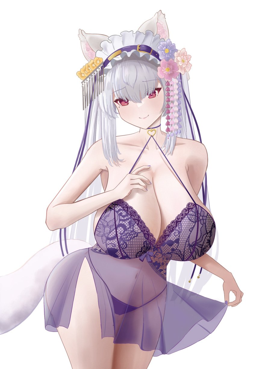 1girls animal_ears belly_button bra breasts cleavage eyebrows_visible_through_hair female female_only grey_hair hair_ornament headdress huge_breasts indie_virtual_youtuber kanade_(kanade_024) kouya_no_naga_samurai light-skinned_female light_skin lingerie miyako_miyuri panties pink_eyes purple_bra purple_panties solo tail underwear virtual_youtuber wolf_ears wolf_girl wolf_tail