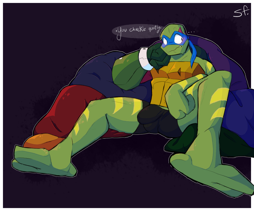 anthro blue_eyes blush clothed clothing erection erection_under_clothing eye_mask green_body hi_res looking_away looking_surprised male pillow pond_slider prosthetic prosthetic_arm prosthetic_limb red-eared_terrapin reptile scalie shortfuze sitting solo solo_focus stripes tenting terrapin turtle yellow_stripes