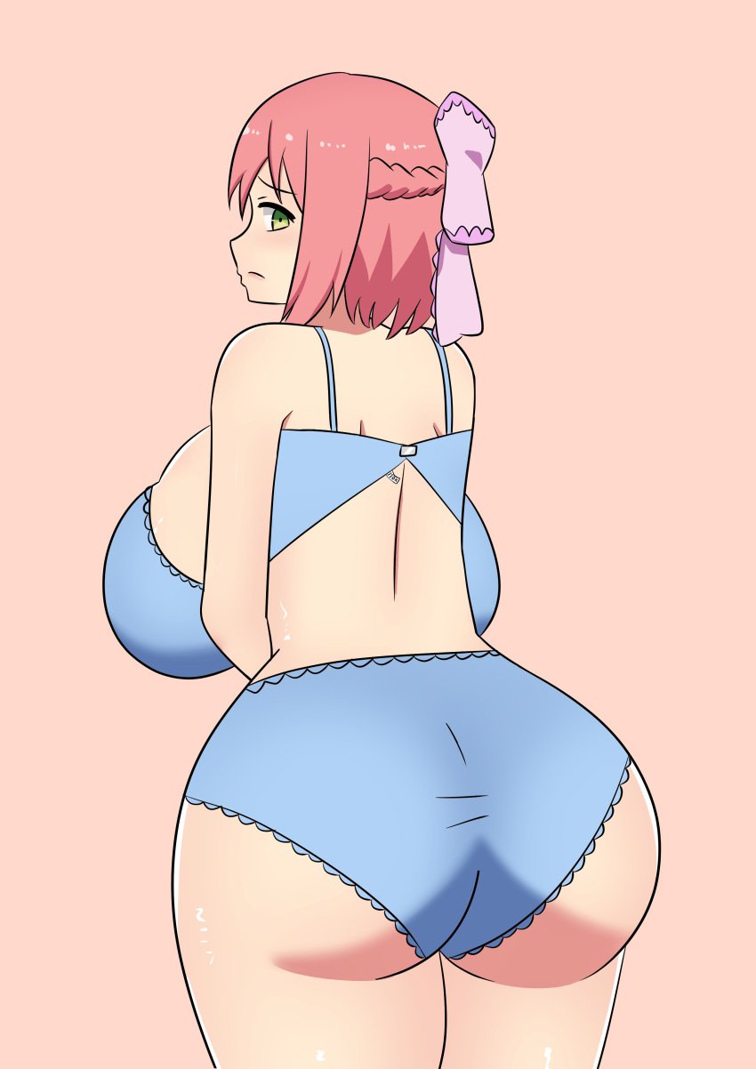 ass backboob big_ass big_breasts blue_bra blue_panties bra breasts commission commissioner_upload futoku_no_guild green_eyes hairbow hanabata_nohkins huge_ass huge_breasts looking_back mouseboat panties pink_bow pink_hair short_hair