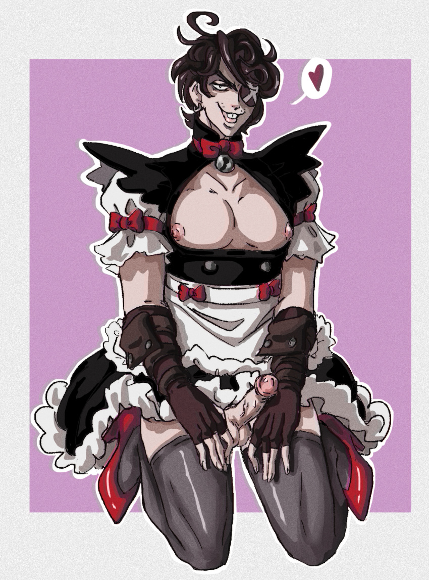 bell buckteeth collar curly_hair earring exposed_breasts exposed_nipples exposed_penis eye_patch gloves heels isekai_dnd maid_outfit maid_uniform male_focus male_only retro_artstyle rippa_(isekai_dnd) servant servicing_from_below smirk solo solo_male stubble thighs tights tongue_out