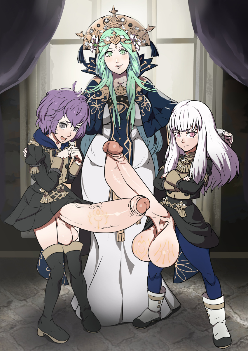 1girls 2futas balls bernadetta_von_varley black_eyes breasts clothed clothing crest_(fe3h) erection female fire_emblem fire_emblem:_three_houses fully_clothed futa_on_female futanari garreg_mach_monastery_uniform green_eyes green_hair huge_balls huge_cock human hyper hyper_penis indoors large_breasts light-skinned_female light-skinned_futanari long_hair looking_at_viewer lysithea_von_ordelia marnic mostly_clothed nervous nintendo penis pink_eyes purple_hair rhea_(fire_emblem) smooth_balls standing white_hair