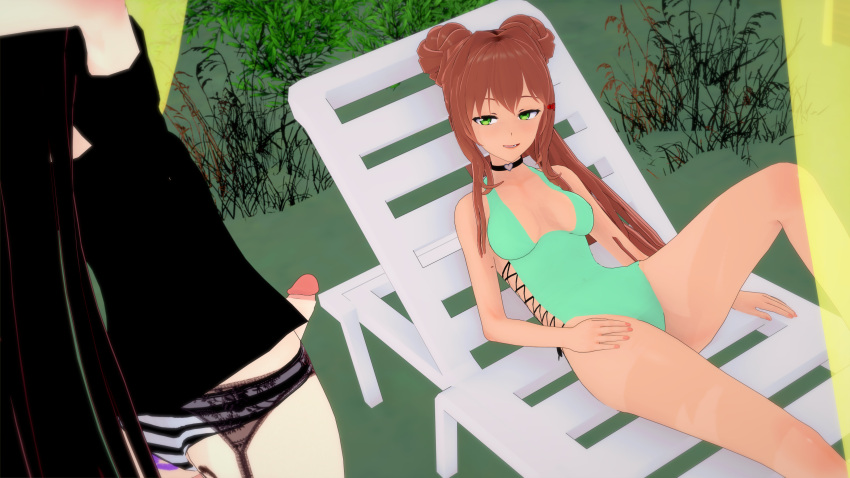 1boy 1girls 3d beach black_hair blue_eyes brown_hair choker doki_doki_literature_club female femboy glasses goth green_eyes hellfish koikatsu laying_on_back long_hair monika_(doki_doki_literature_club) oc outside penis swimsuit