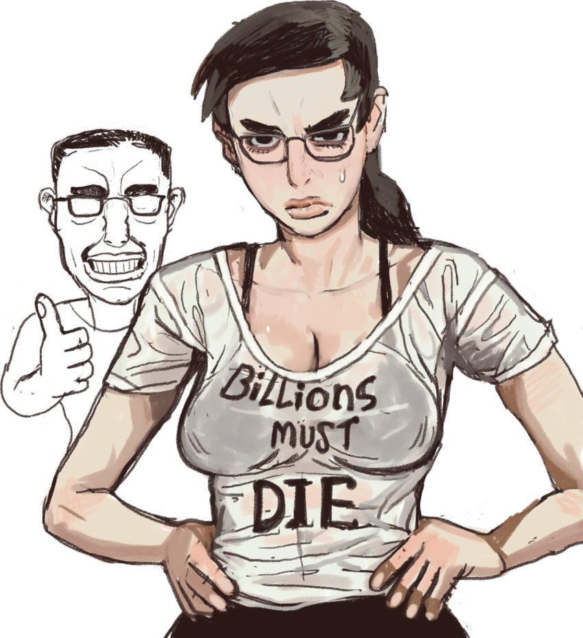 1girls big_breasts billions_must_die_(meme) black_bra bra busty chud chuddette_(mossa) cleavage eyewear female funny genderswap_(mtf) glasses hands_on_hips light-skinned_female meme mossa rule_63 see-through see-through_clothing shirt soyjak thumbs_up white_shirt wide_hips wojak