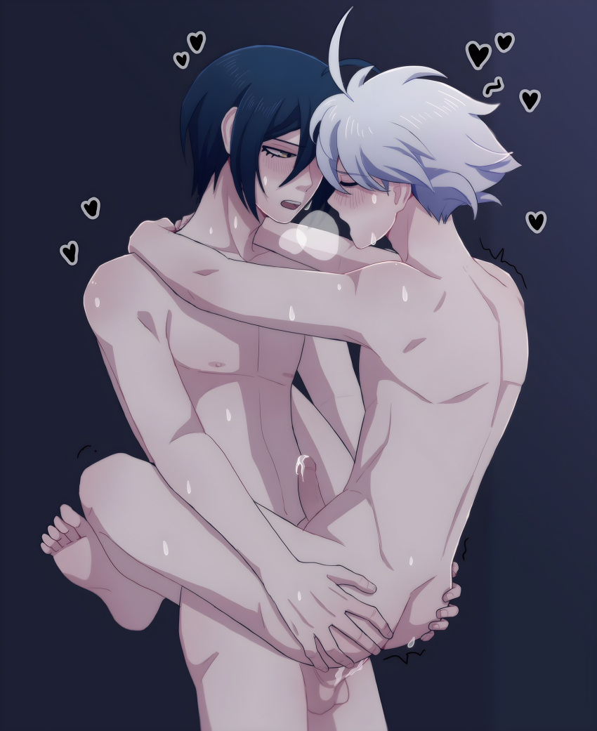 2boys ahoge arms_around_neck blue_hair blush breath breath_cloud closed_eyes completely_nude_male danganronpa danganronpa_v3 gay gay_sex hands_on_ass heart hi_res highres kiibo legs_around_partner legs_crossed light-skinned_male light_skin male male/male mishmasz moaning naked nude nude_male pale-skinned_male pale_skin panting penis precum saihara_shuuichi shuichi_saihara stand_and_carry_position standing standing_sex sweat sweating white_hair yaoi yellow_eyes