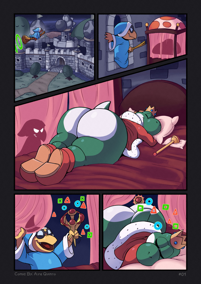 alfa_quinto_(artist) almost_nude asleep ass_bigger_than_body ass_bigger_than_head ass_bigger_than_thighs ass_bigger_than_torso ass_focus bed bed_sheet bedroom big_ass big_butt butt_focus castle closed_eyes comic comic_page crown dark_green_skin dragonxpyro gigantic_ass green_body green_skin green_yoshi impending_doom indoors kamek king male male_focus male_only mario_(series) monarch no_pants only_showing_ass orange_shoes outdoors page_1 part_1 robes shoes shoes_on shoes_only small_shirt spell spellcaster spells super_mario_bros. wand white_skin yoshi